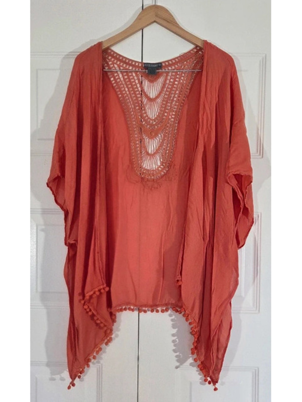 Accessory St One Size Orange Crochet Trim Pom Pom Kimono Cover Up Boho #1686